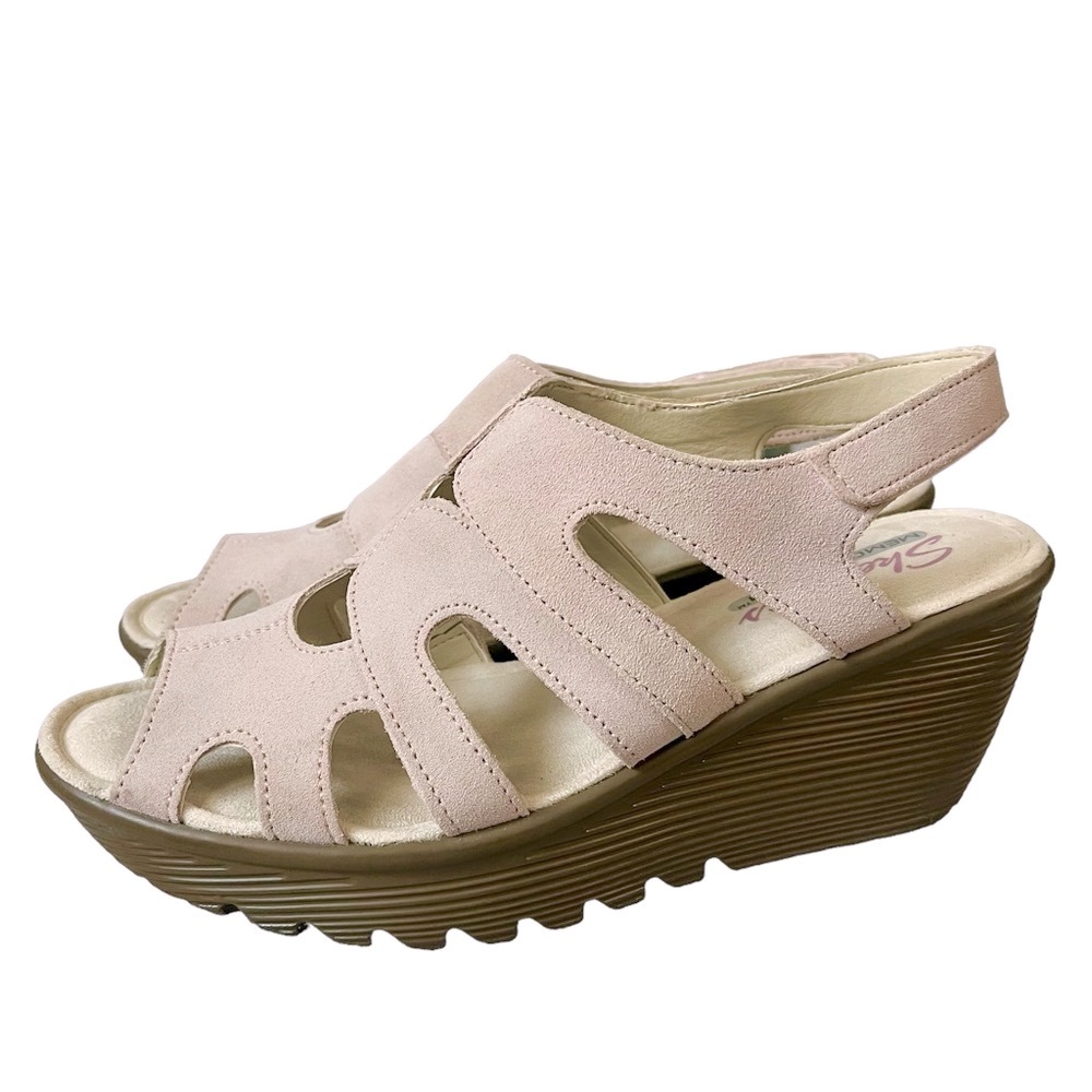 Skechers Parallel Stylin Light Pink Wedge Sandals Suede Leather Size 7